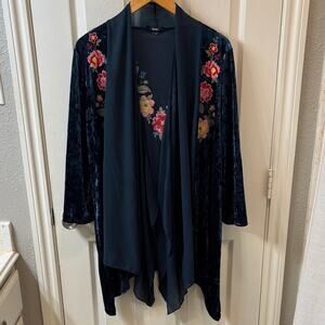 Longlined Floral Embroidered Velvet Kimono Size Large Navy Blue